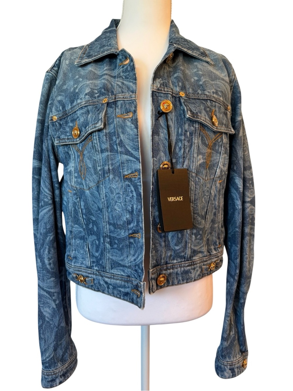 Versace Blue Patterned Denim Jacket with Gold Accents